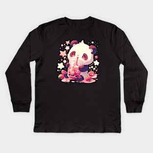 Cute Kawaii Panda with Boba Tea Kids Long Sleeve T-Shirt